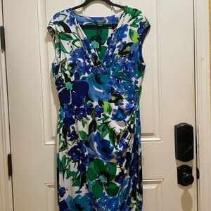 Lauren Ralph Lauren Blue and Green Sheath Dress V-Neck Cap Sleeve